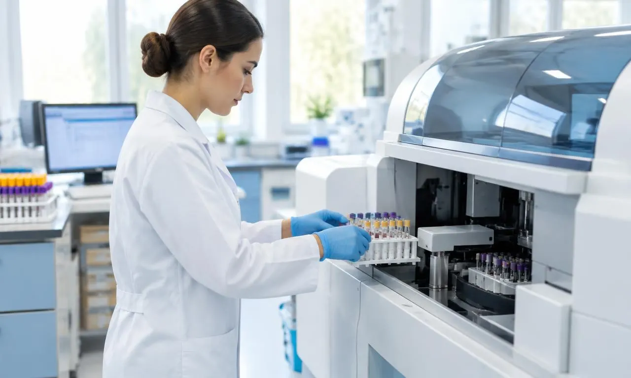 Analizador bioquímico y muestras en un laboratorio clínico.