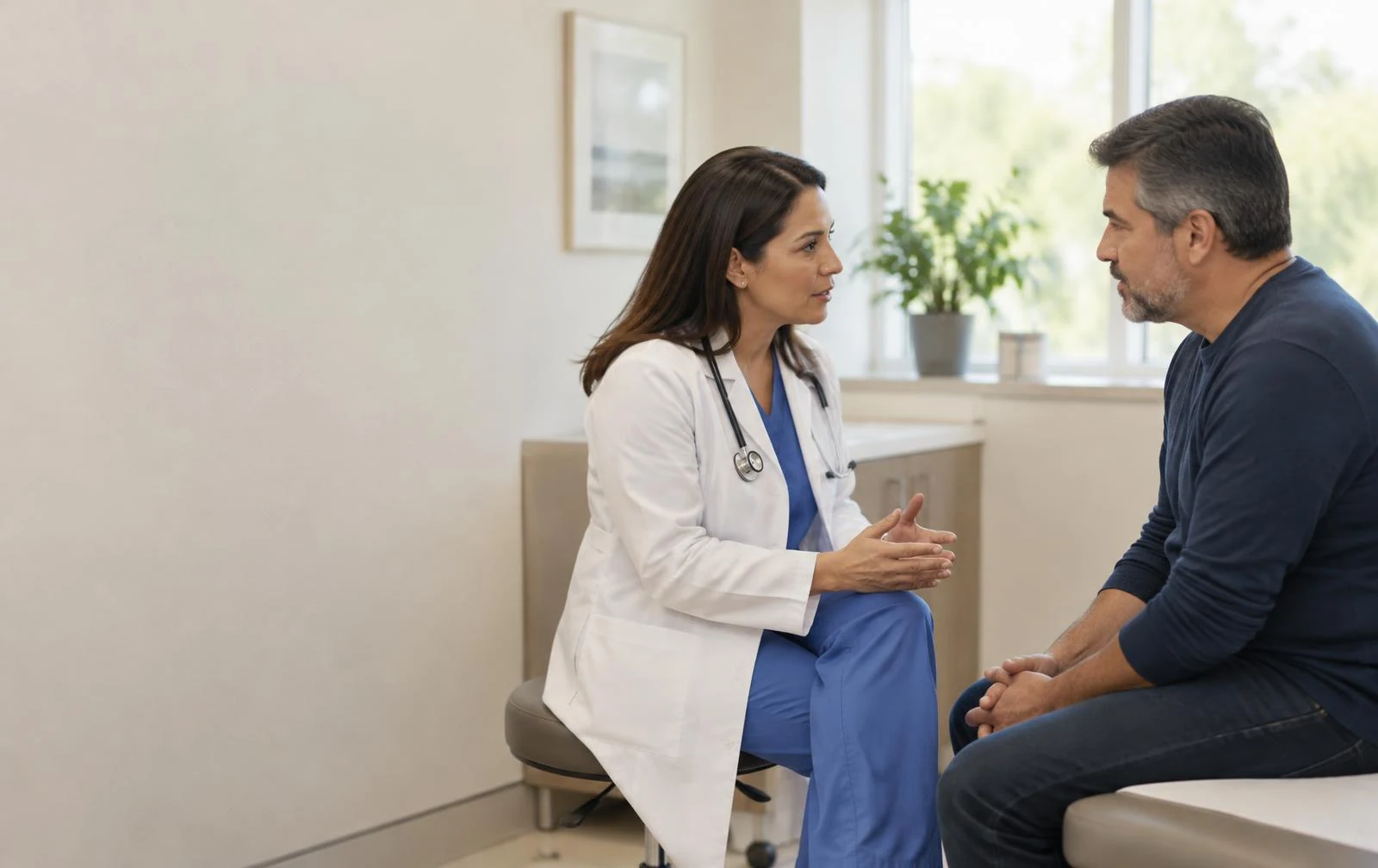 Una profesional conversa con su paciente en una consulta con luz natural.