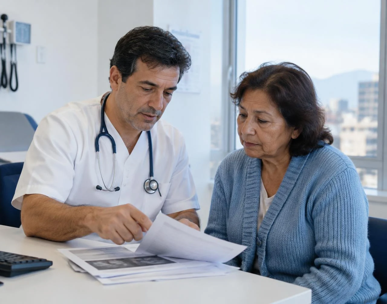 Médico y paciente revisan los resultados de sus exámenes juntos.