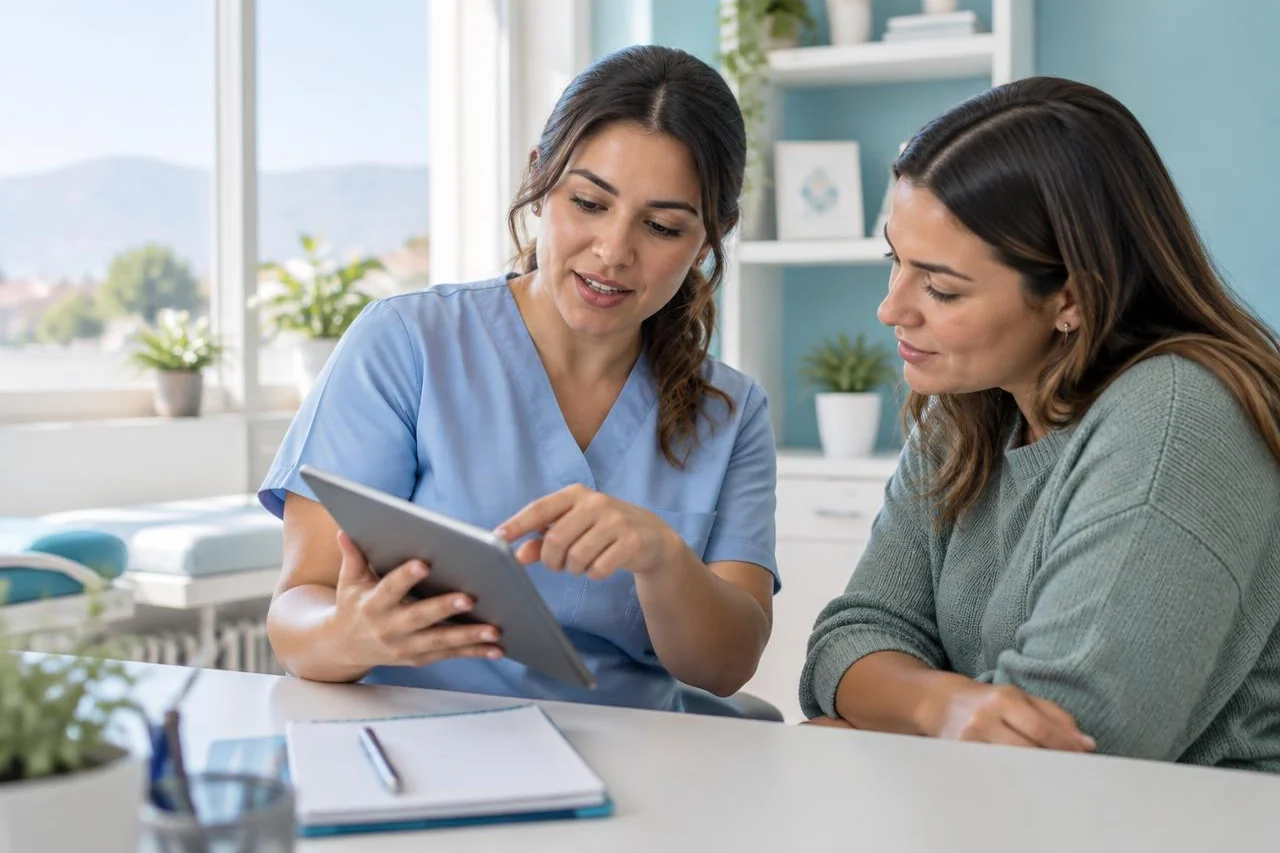 Una profesional de salud revisa una tableta junto a su paciente en una consulta.